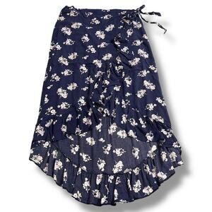 Maurices Womens Faux Wrap Ruffle Hem High Low Skirt Floral Print Navy Blue White